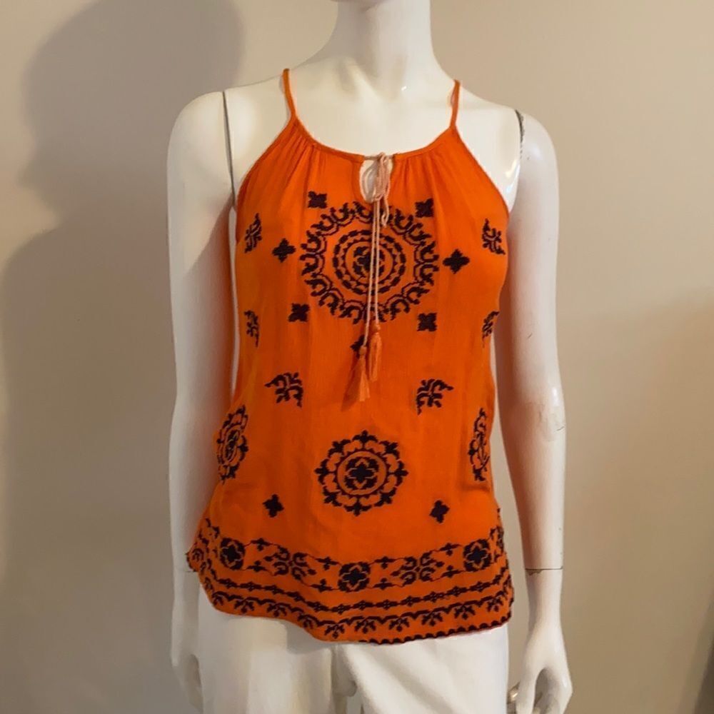 Boho tank top Bright Orange with Black Embroidered Design size small